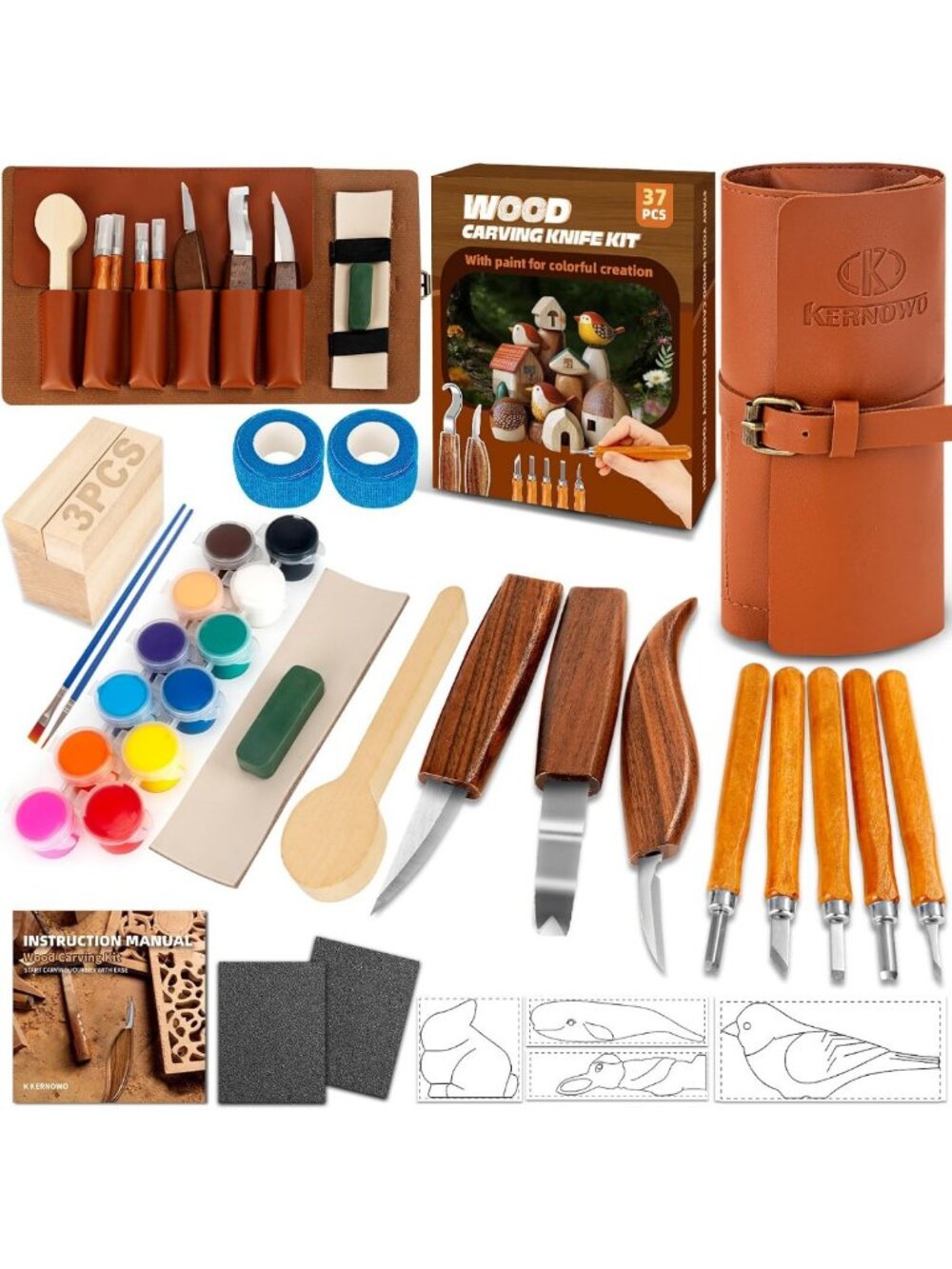 37-Piece Wood Carving Kit with Tools, Paint, Templates & Guide for Beginners